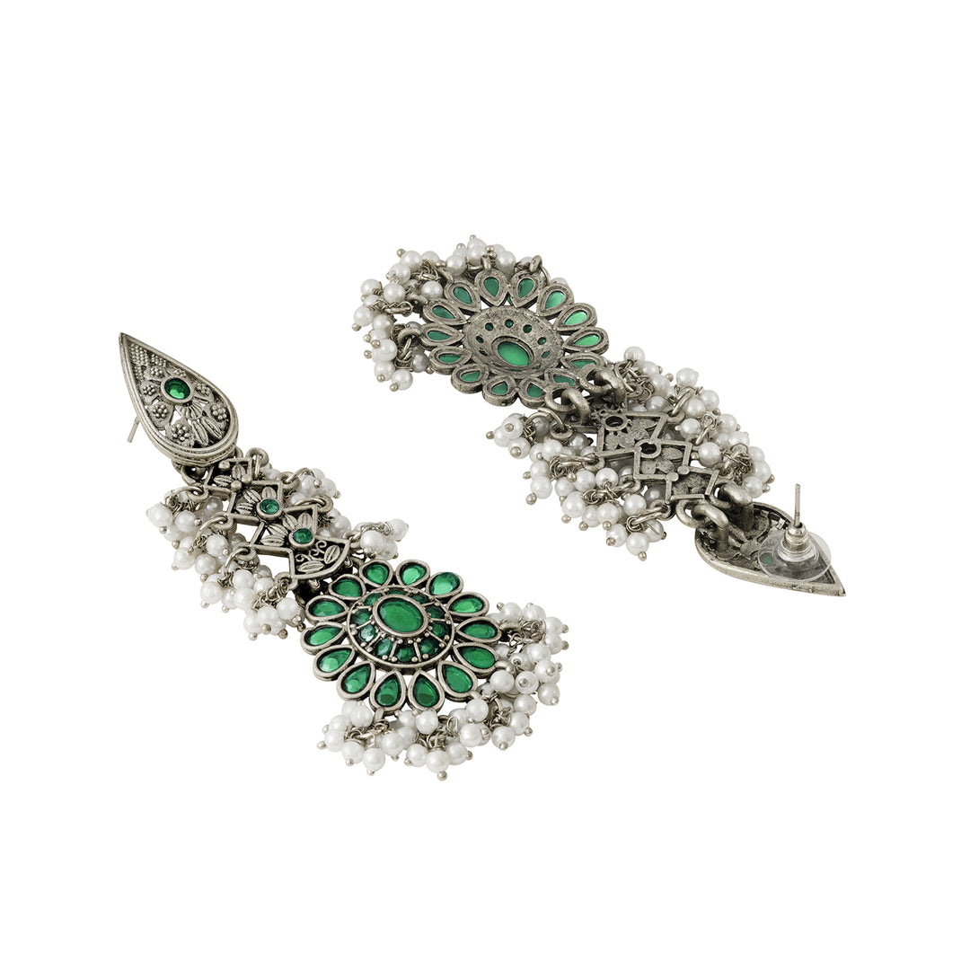 Teejh Sindhia Silver Oxidised Green Earrings