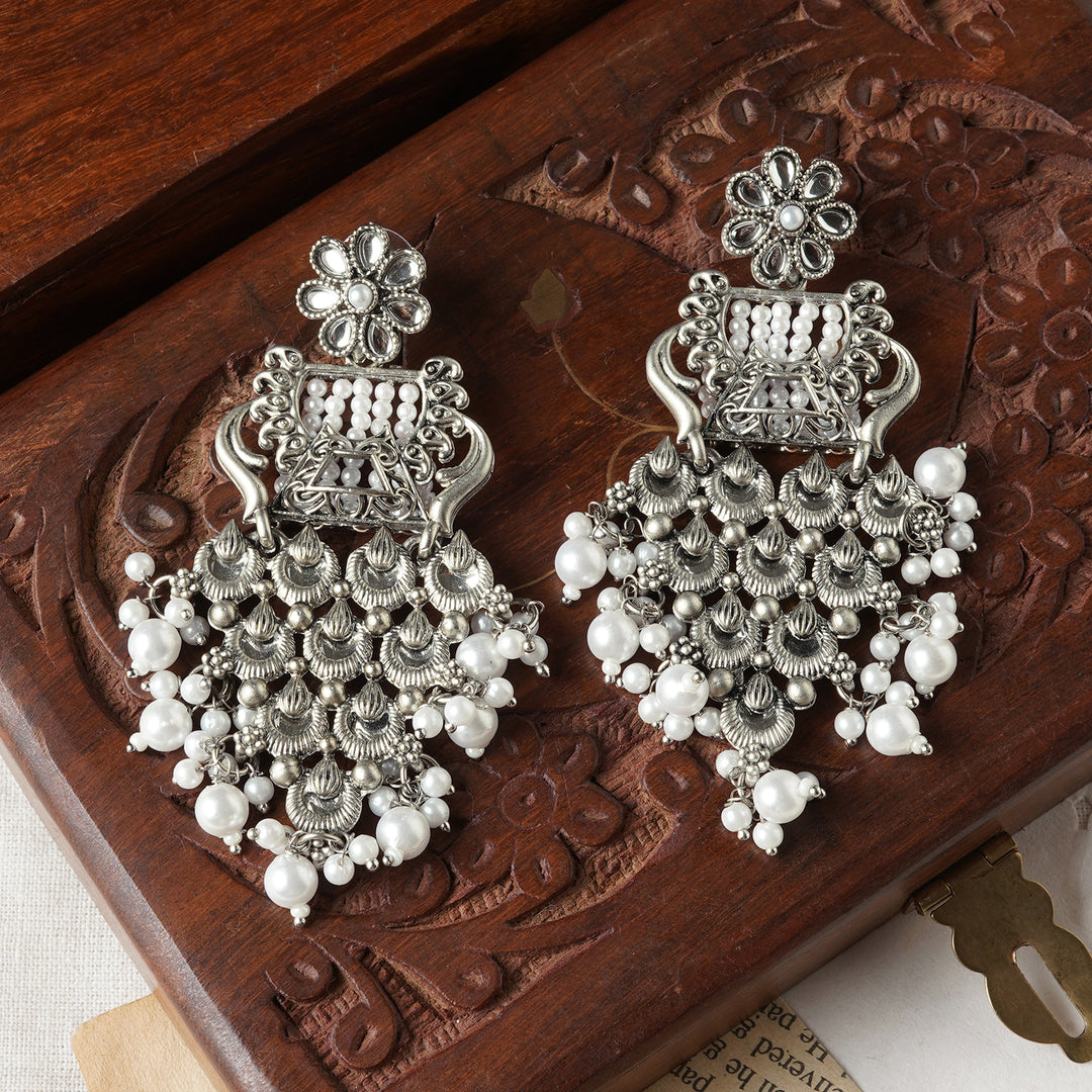 Teejh Khanzada Silver Oxidised White Earring