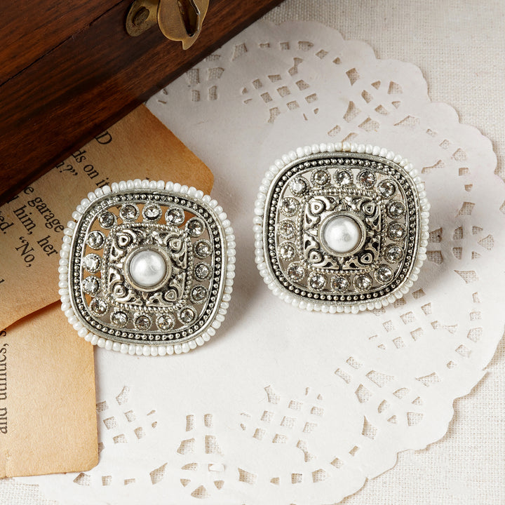 Teejh Sucharu Silver Oxidised White Stud