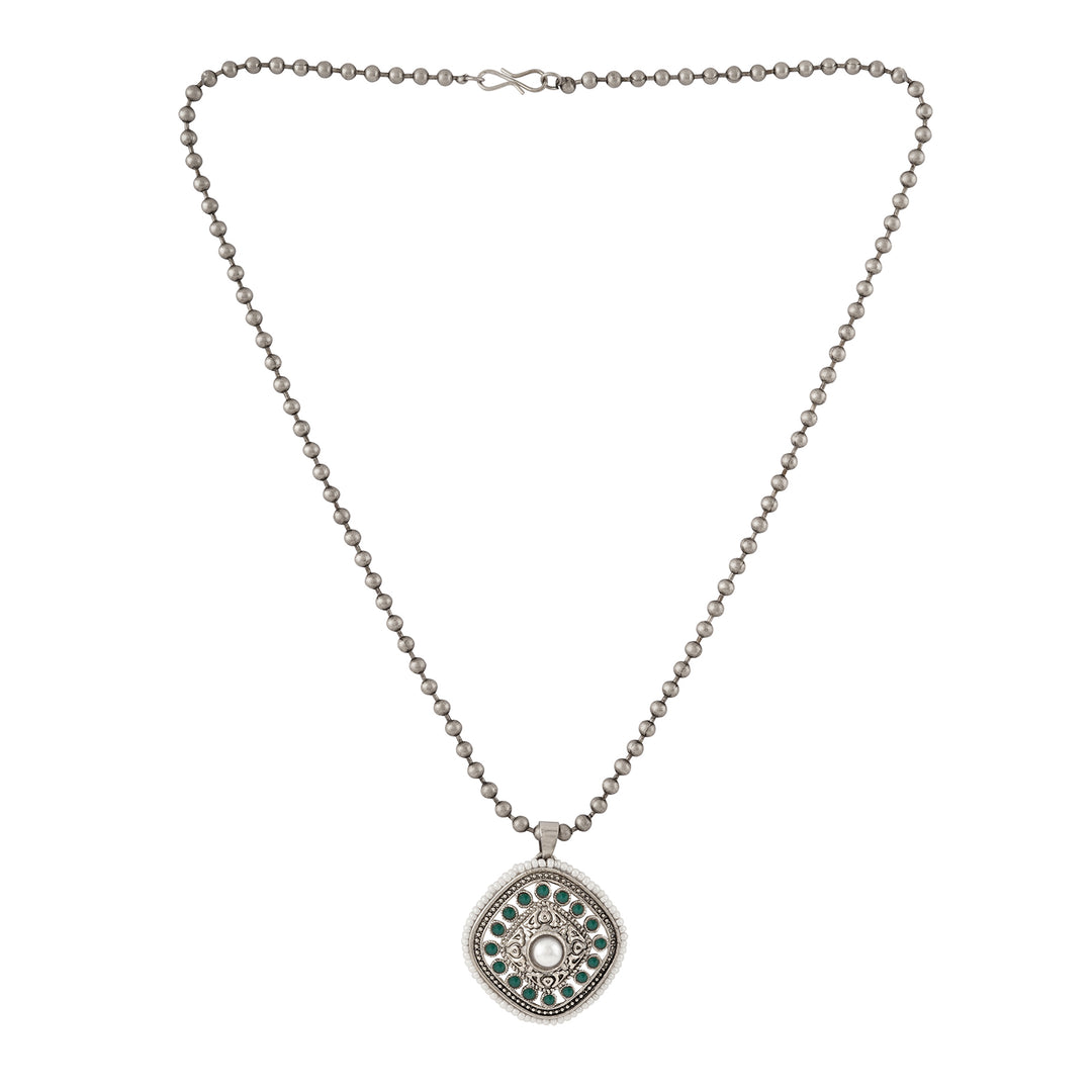 Teejh Ahilyabai Silver Oxidised Green Pendant Chain