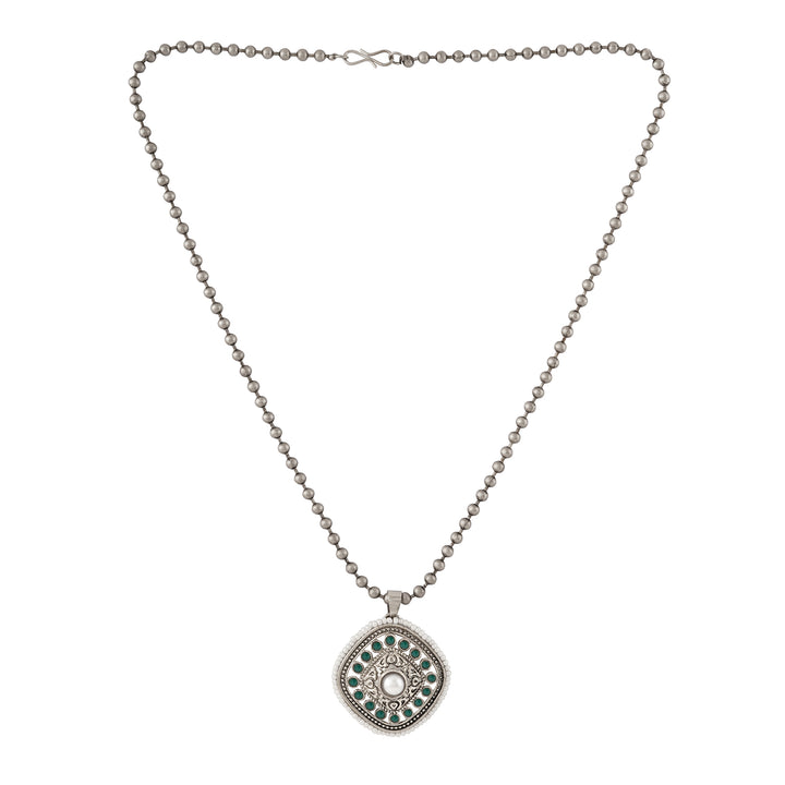 Teejh Ahilyabai Silver Oxidised Green Pendant Chain