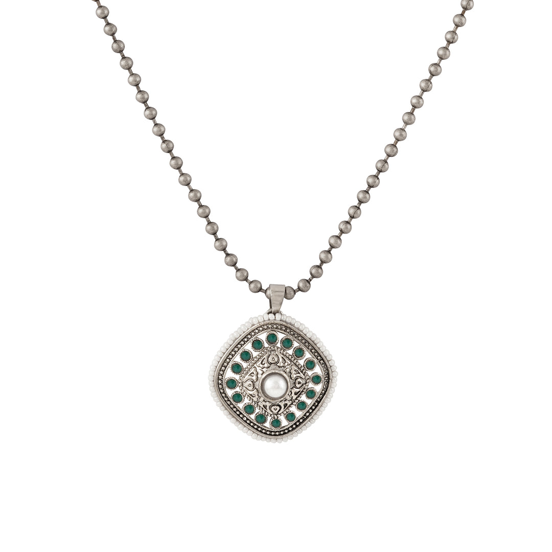 Teejh Ahilyabai Silver Oxidised Green Pendant Chain
