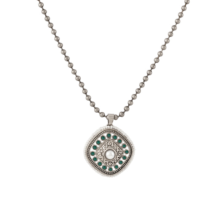 Teejh Ahilyabai Silver Oxidised Green Pendant Chain