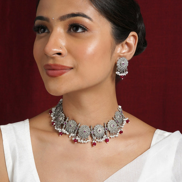 Teejh Kashibai Silver Oxidised Necklace Set