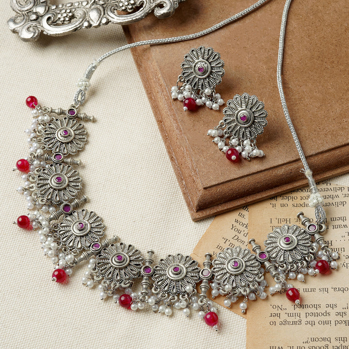 Teejh Kashibai Silver Oxidised Necklace Set