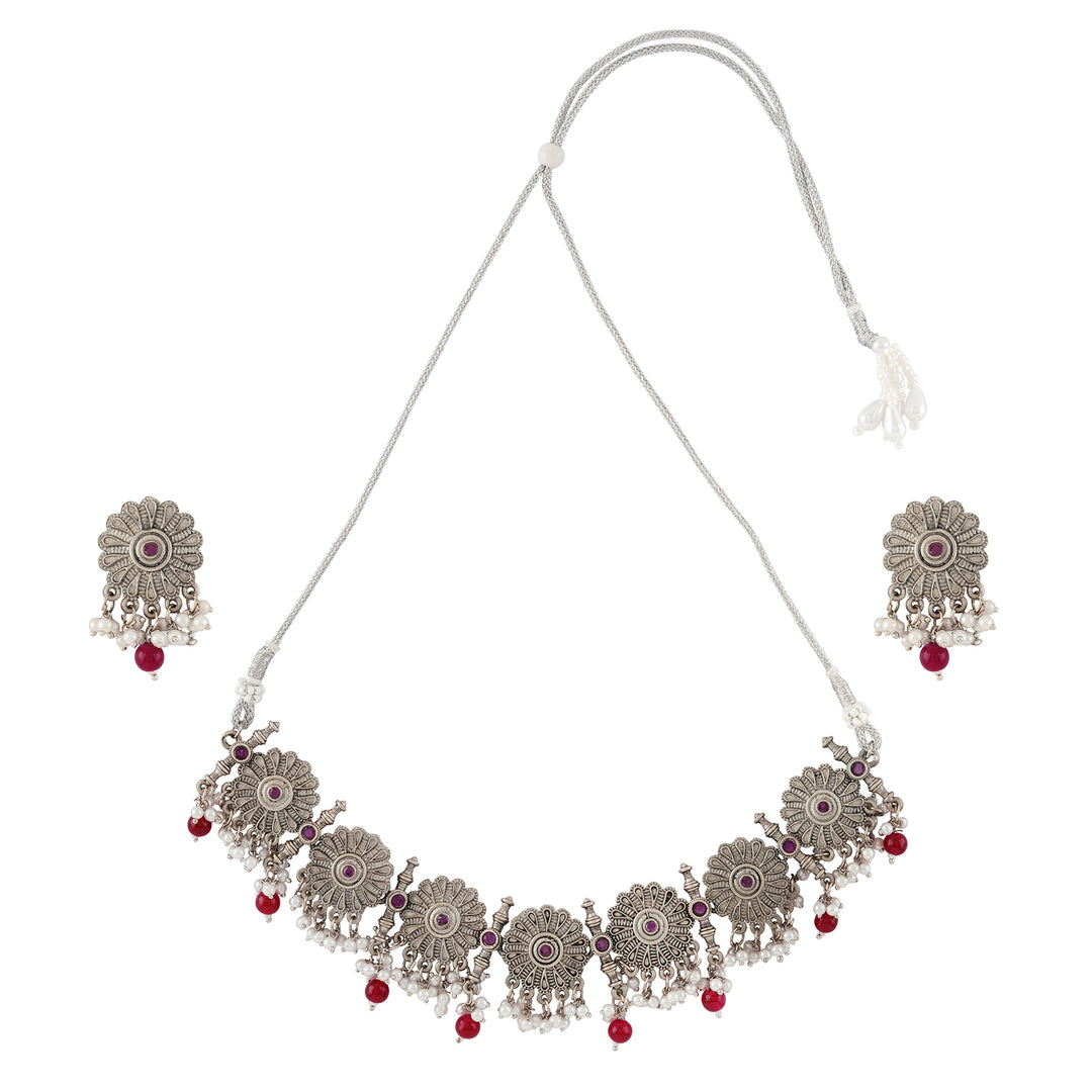 Teejh Kashibai Silver Oxidised Necklace Set