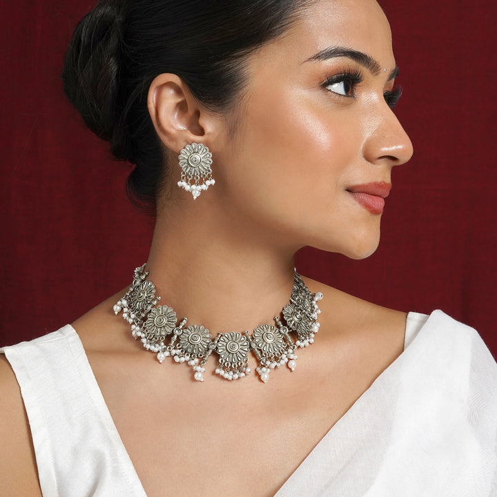 Teejh Kettilamma Silver Oxidised White Necklace Set