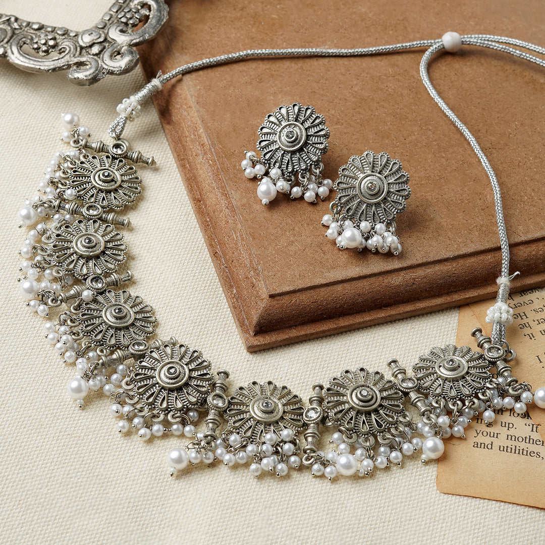Teejh Kettilamma Silver Oxidised White Necklace Set