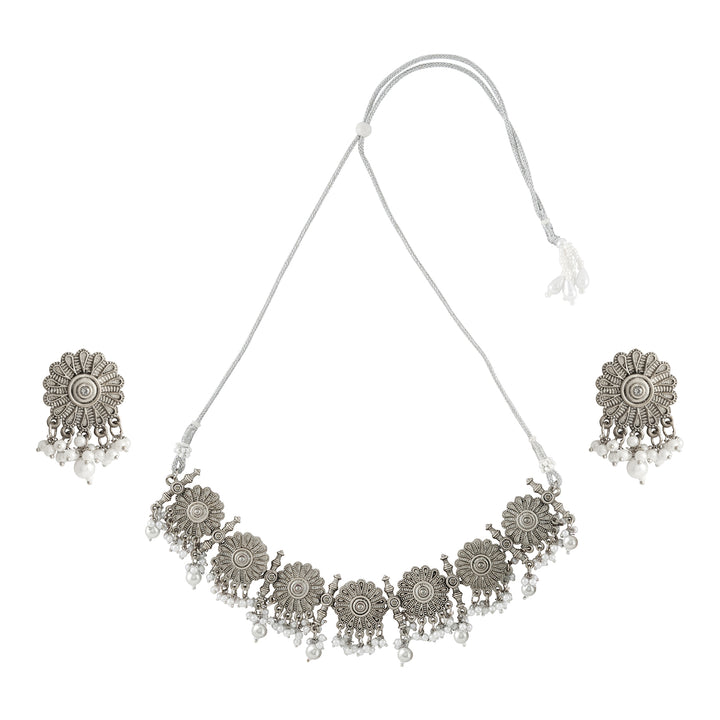 Teejh Kettilamma Silver Oxidised White Necklace Set