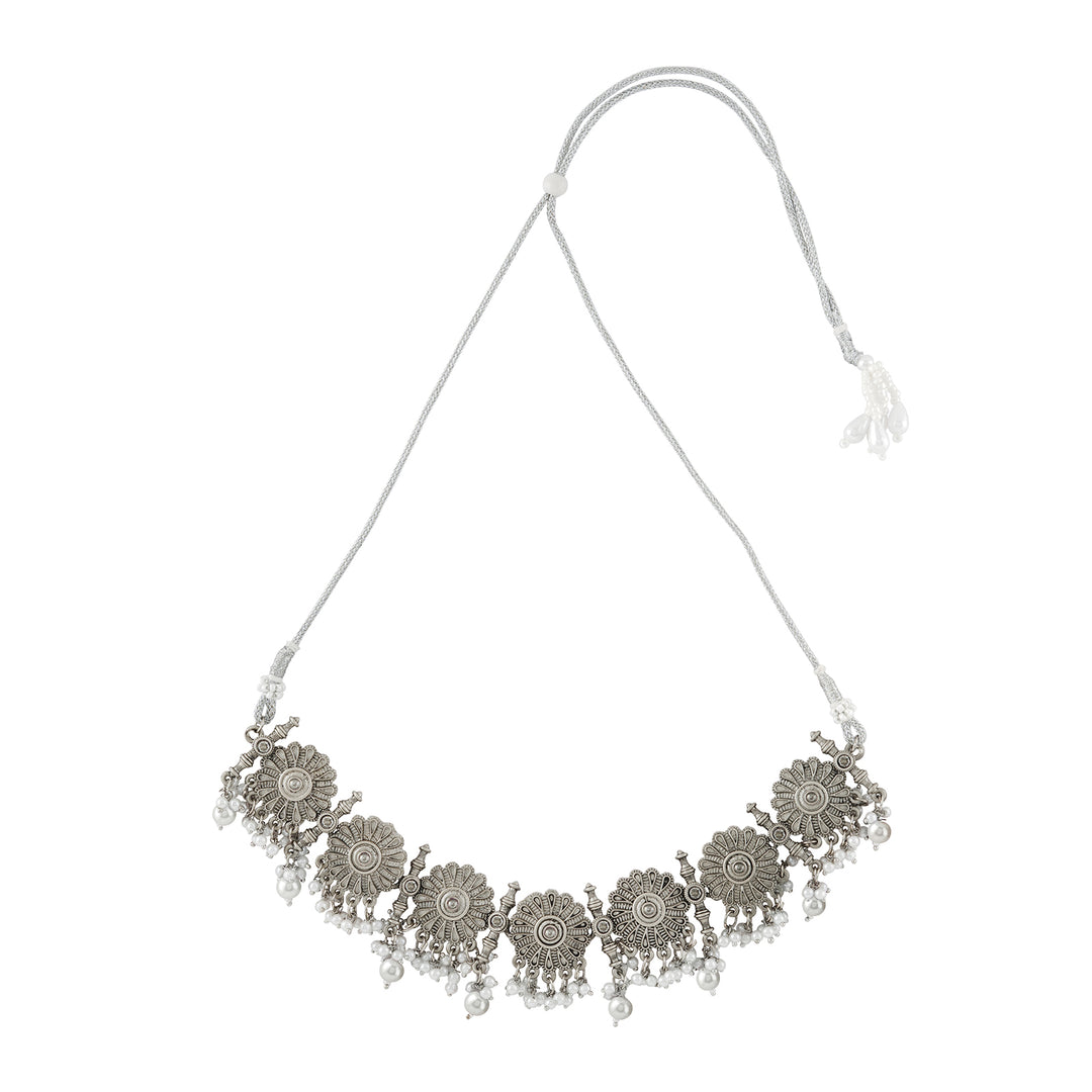 Teejh Kettilamma Silver Oxidised White Necklace Set