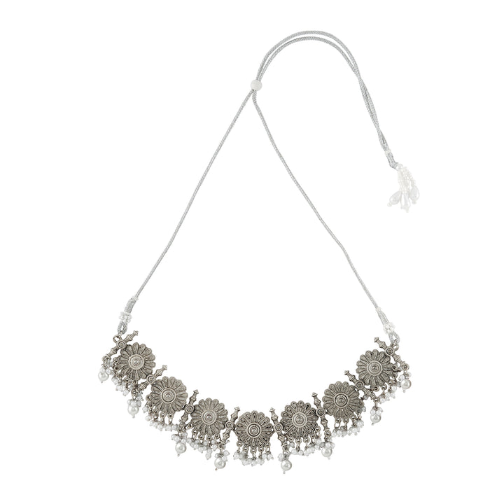 Teejh Kettilamma Silver Oxidised White Necklace Set