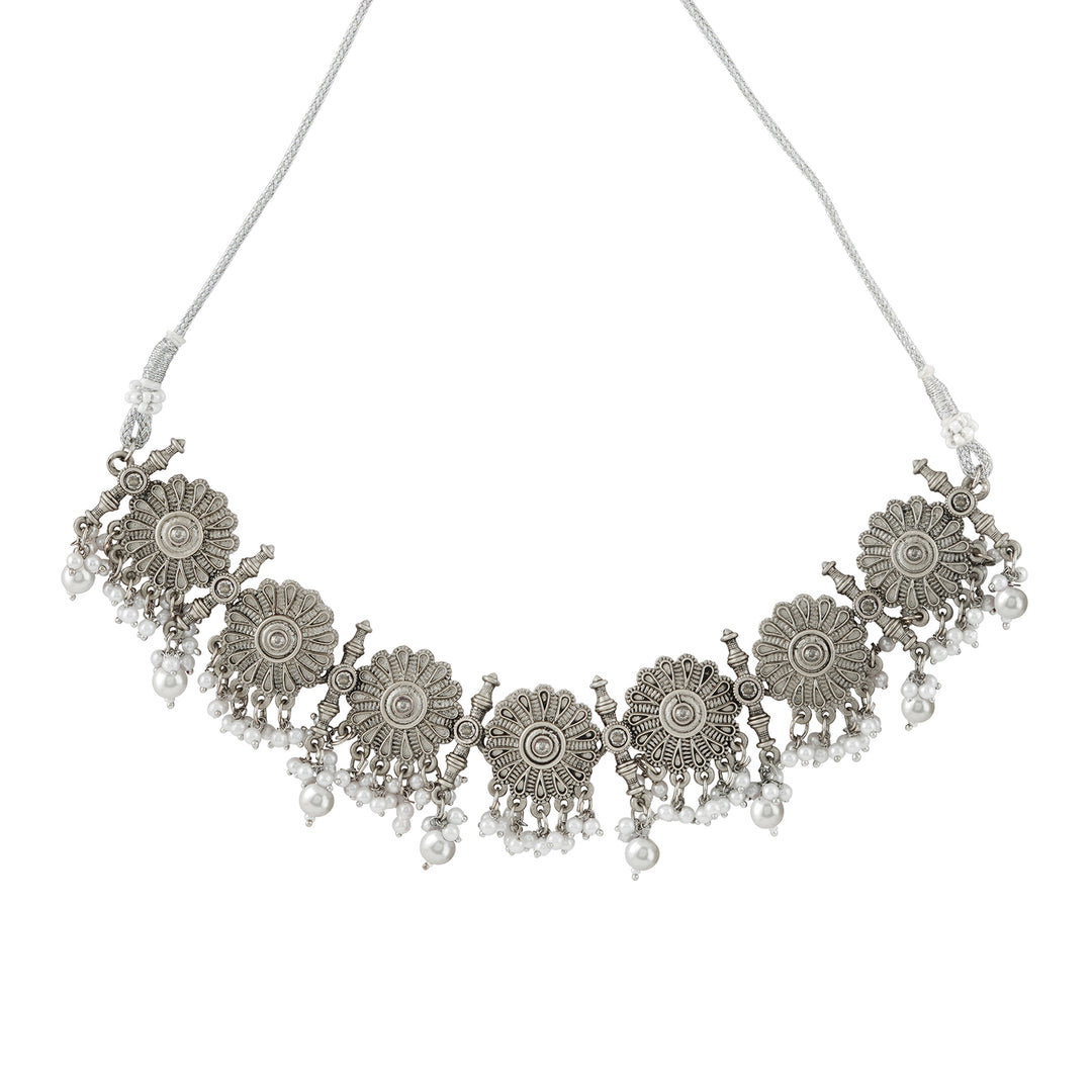 Teejh Kettilamma Silver Oxidised White Necklace Set