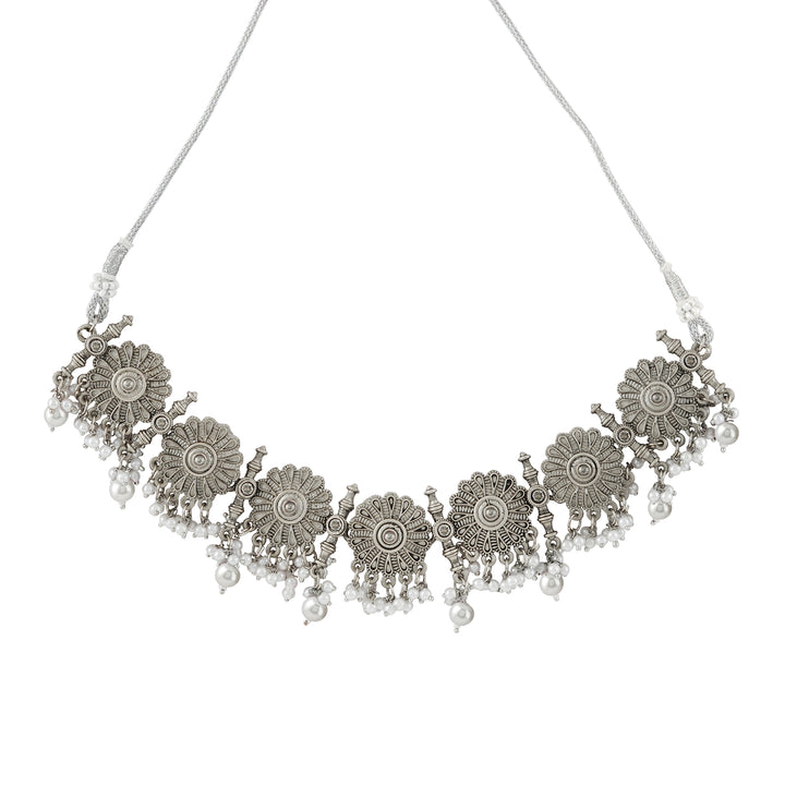 Teejh Kettilamma Silver Oxidised White Necklace Set