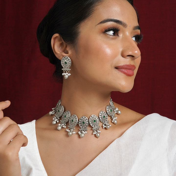 Teejh Pratima Silver Oxidised Green Necklace Set