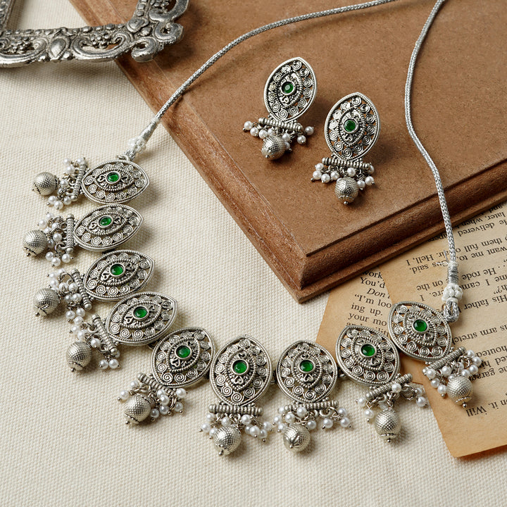 Teejh Pratima Silver Oxidised Green Necklace Set