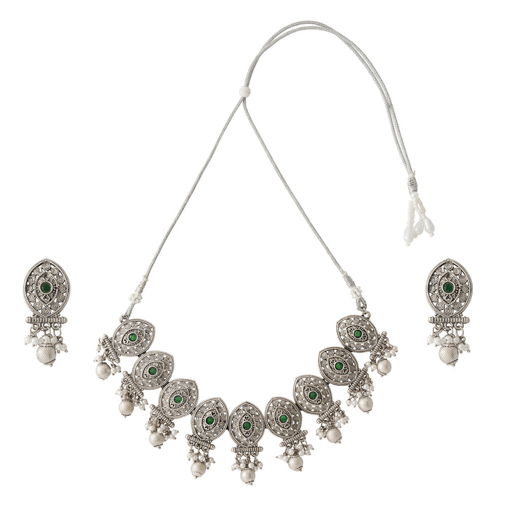 Teejh Pratima Silver Oxidised Green Necklace Set