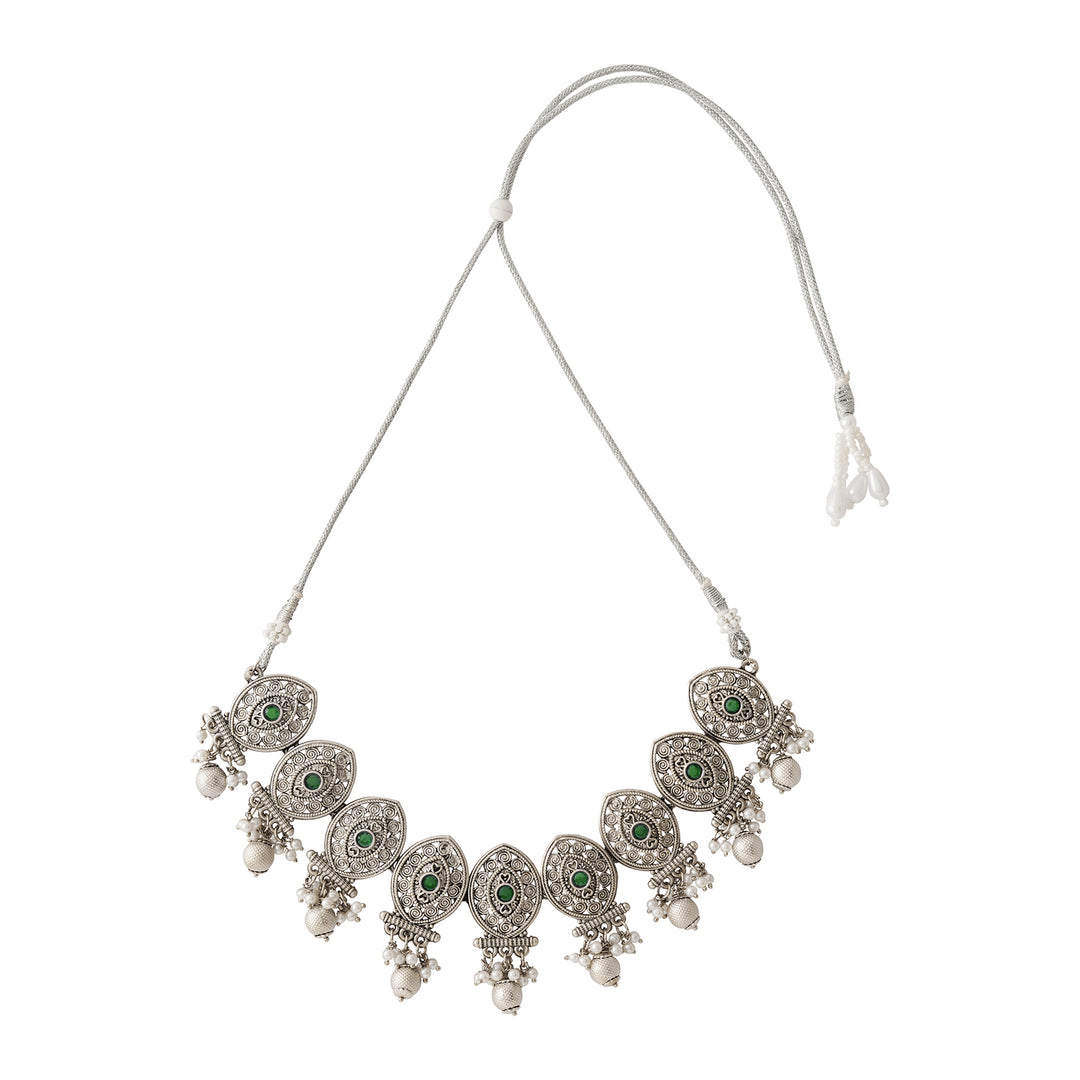Teejh Pratima Silver Oxidised Green Necklace Set