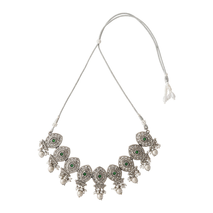 Teejh Pratima Silver Oxidised Green Necklace Set
