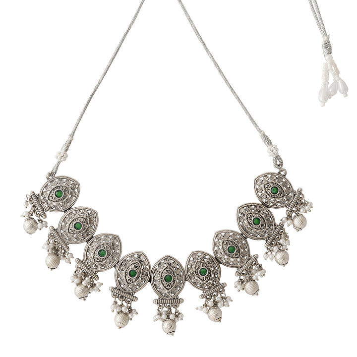 Teejh Pratima Silver Oxidised Green Necklace Set