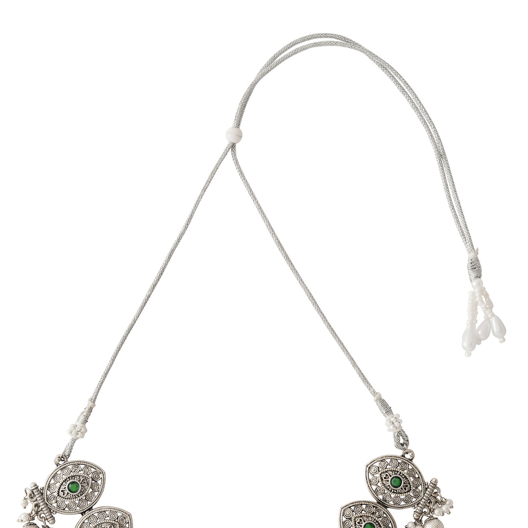 Teejh Pratima Silver Oxidised Green Necklace Set