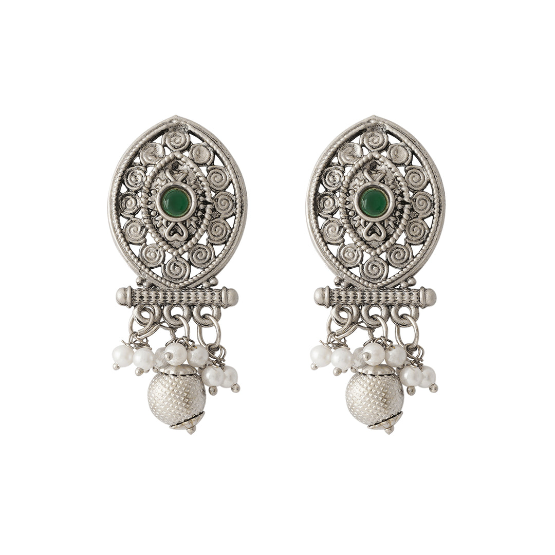 Teejh Pratima Silver Oxidised Green Necklace Set