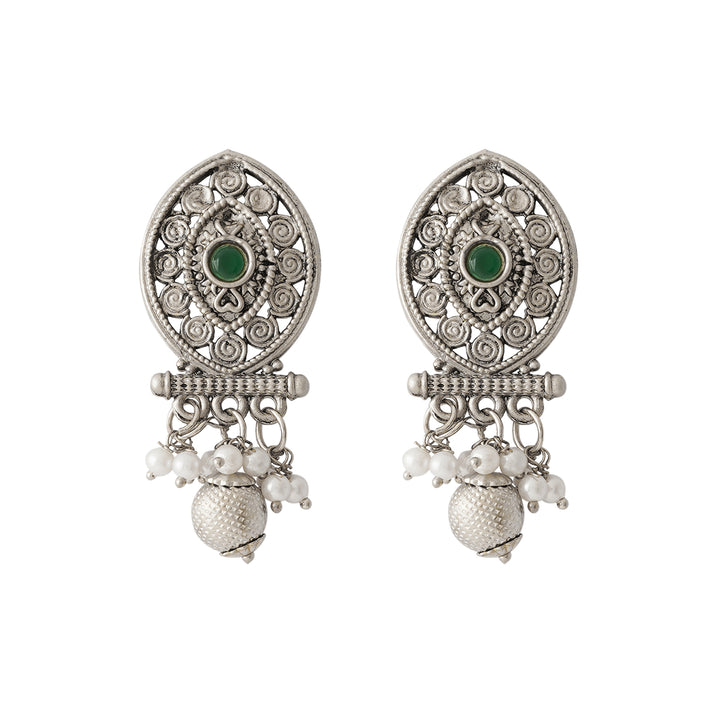 Teejh Pratima Silver Oxidised Green Necklace Set