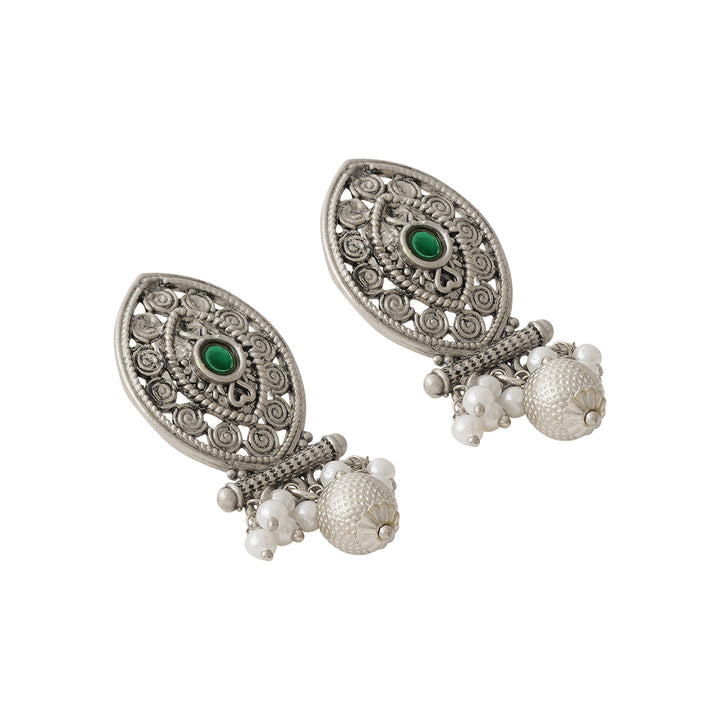 Teejh Pratima Silver Oxidised Green Necklace Set