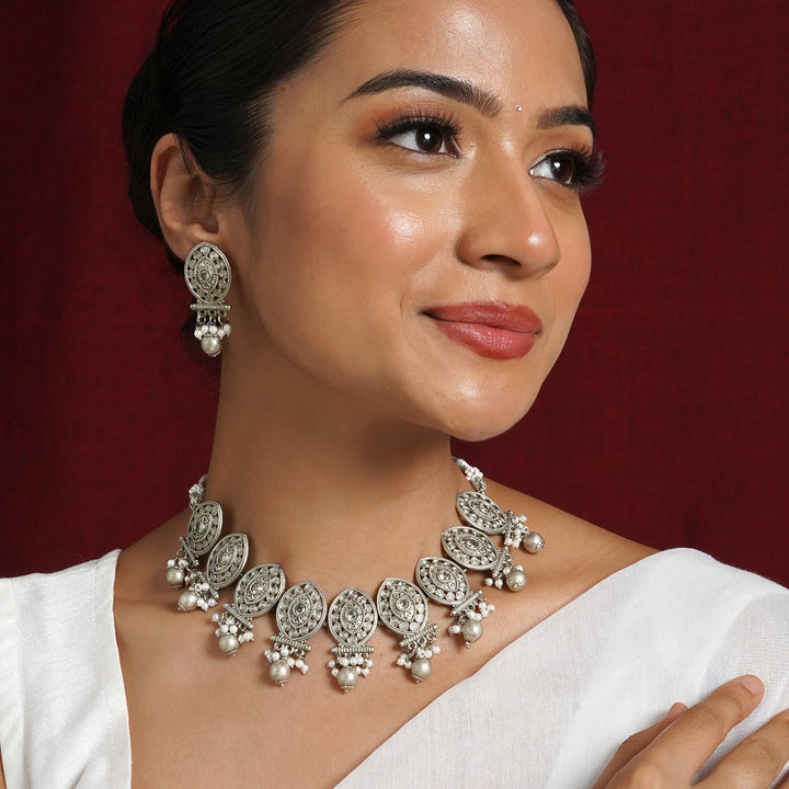 Teejh Prabhavati Silver Oxidised White Necklace Set