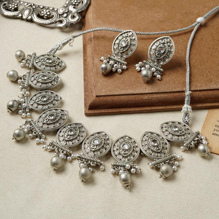Teejh Prabhavati Silver Oxidised White Necklace Set