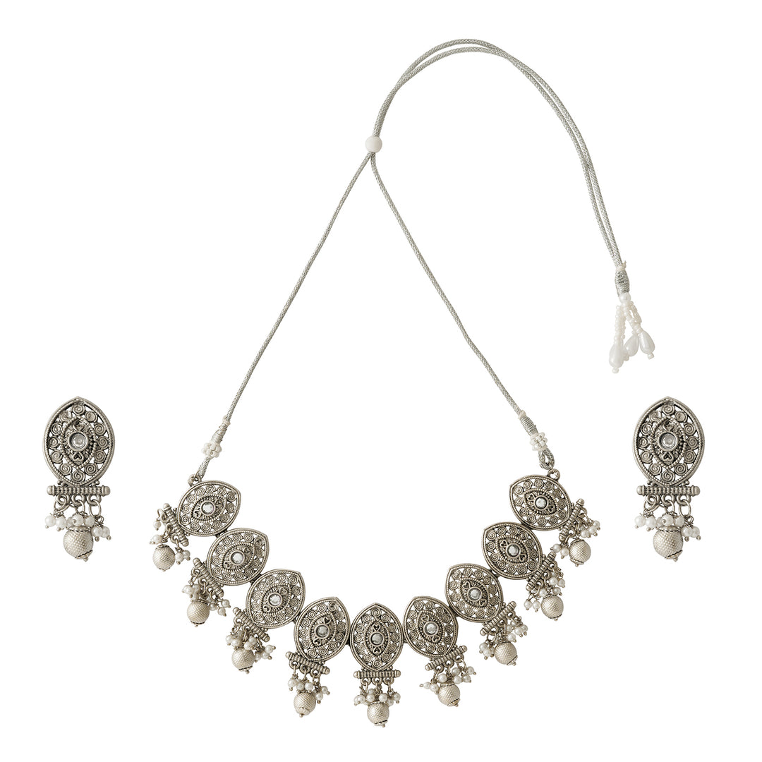 Teejh Prabhavati Silver Oxidised White Necklace Set