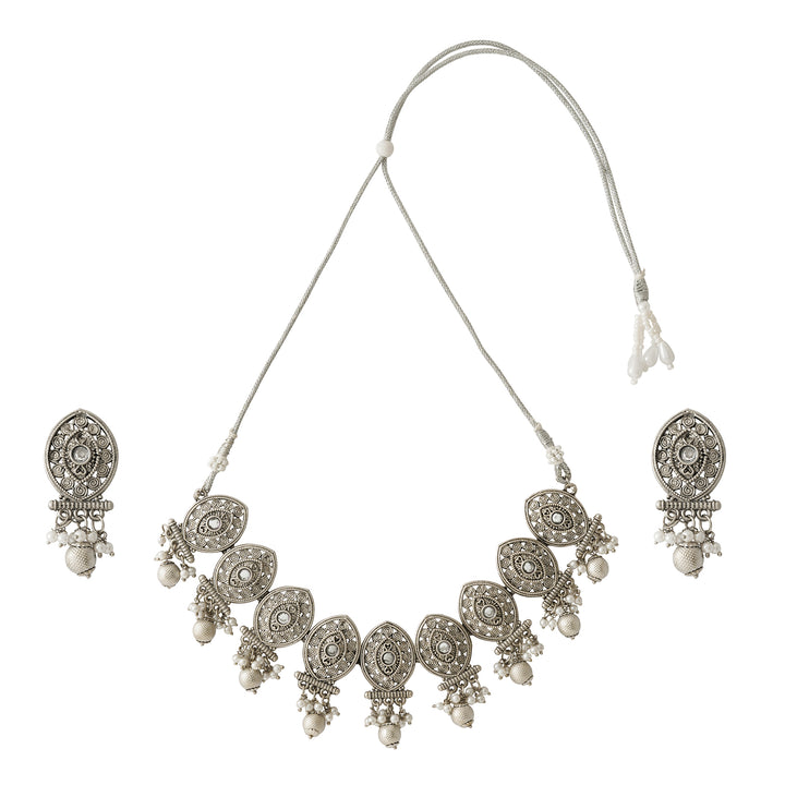 Teejh Prabhavati Silver Oxidised White Necklace Set