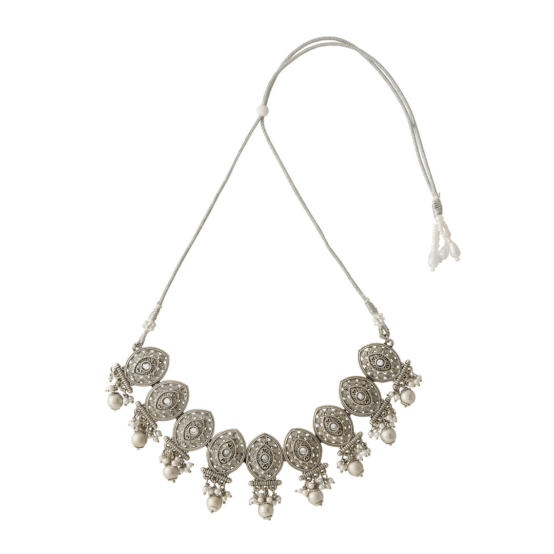 Teejh Prabhavati Silver Oxidised White Necklace Set