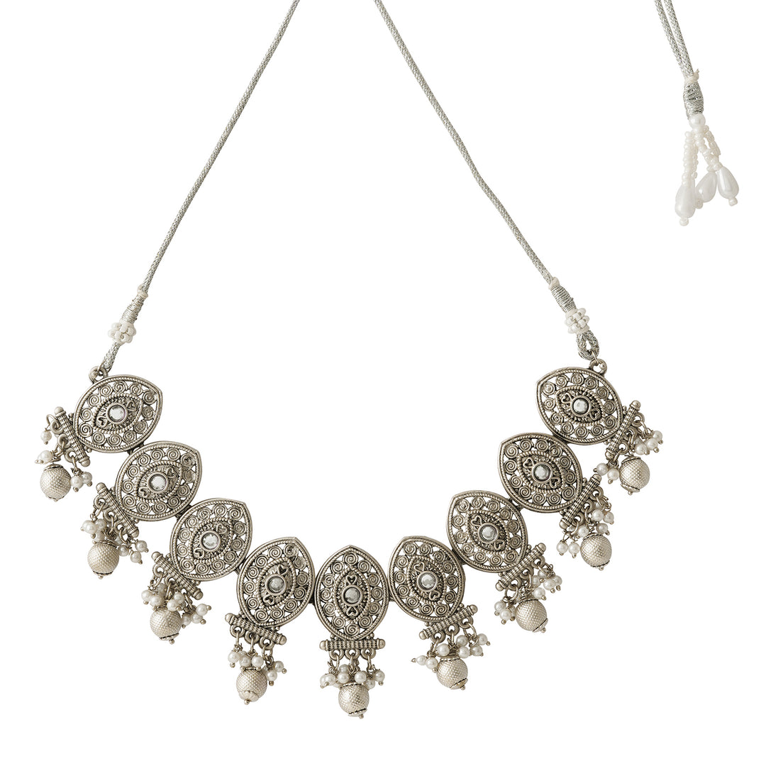 Teejh Prabhavati Silver Oxidised White Necklace Set