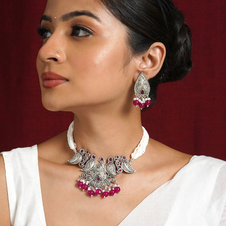 Teejh Putalabai Silver Oxidised Ruby Necklace Set
