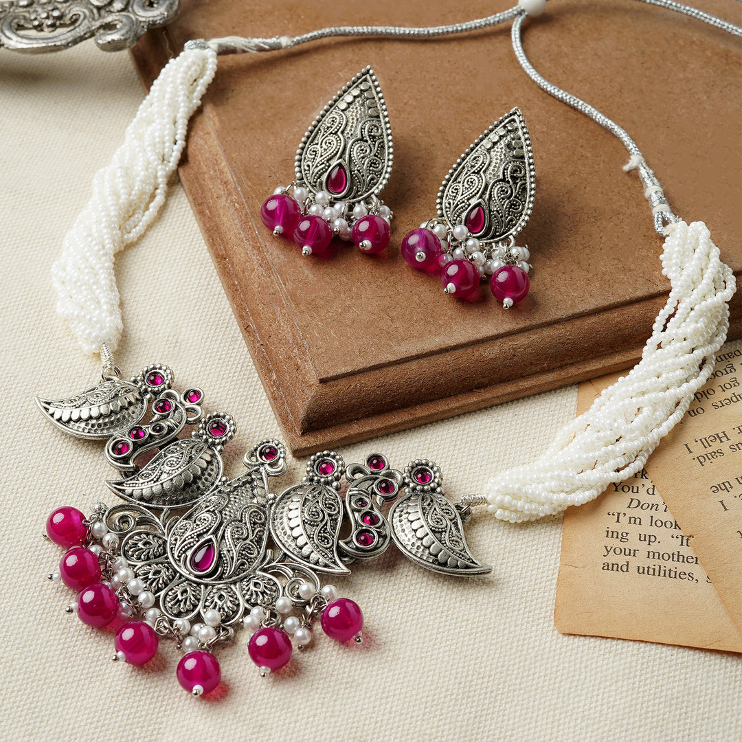 Teejh Putalabai Silver Oxidised Ruby Necklace Set