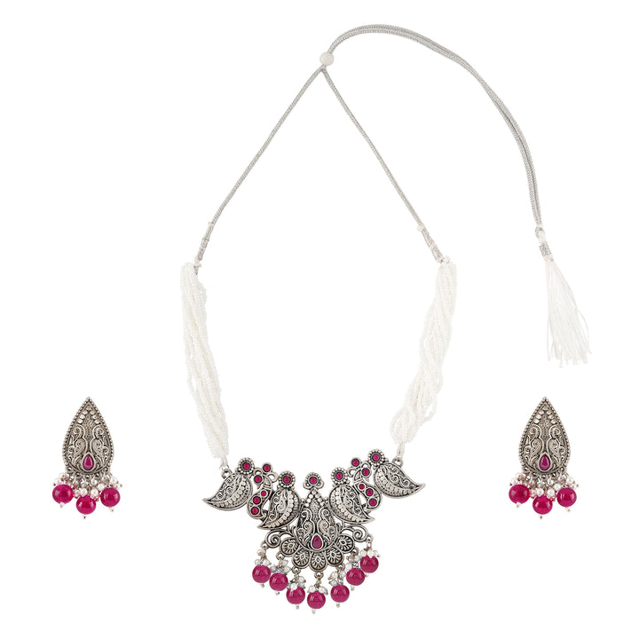 Teejh Putalabai Silver Oxidised Ruby Necklace Set