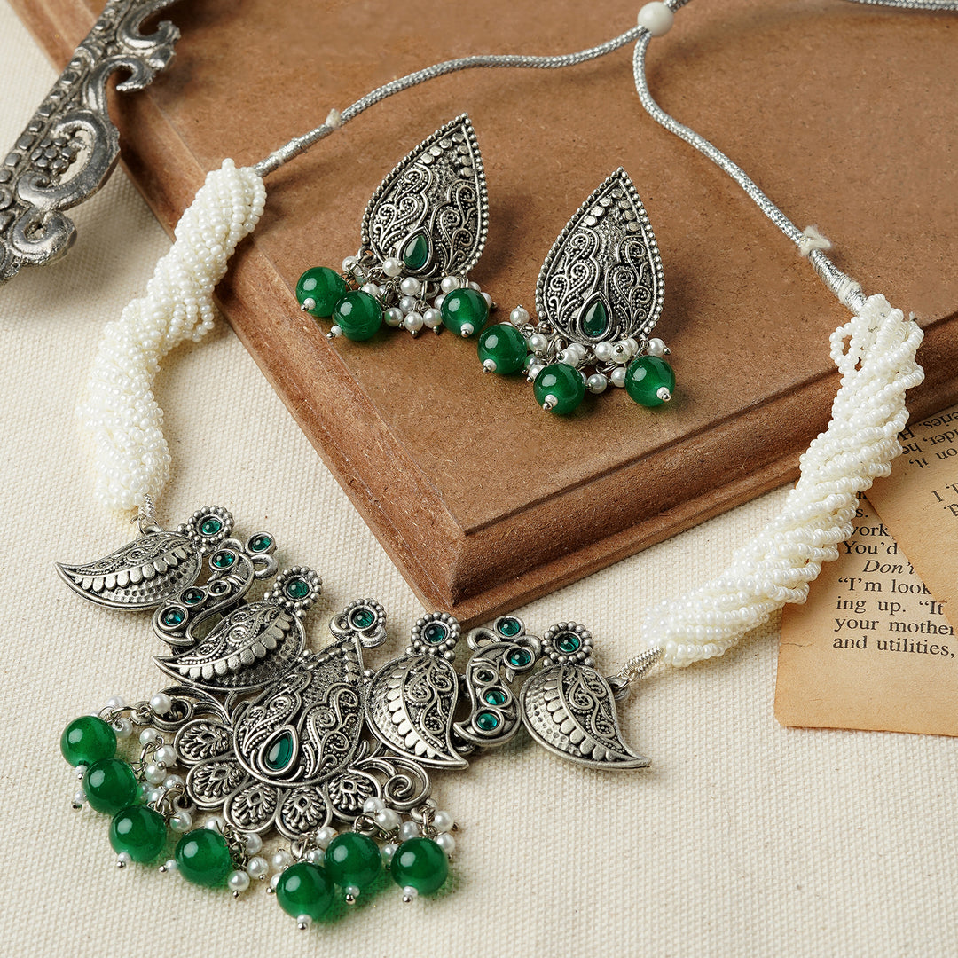 Teejh Vasundhara Silver Oxidised Green Necklace Set