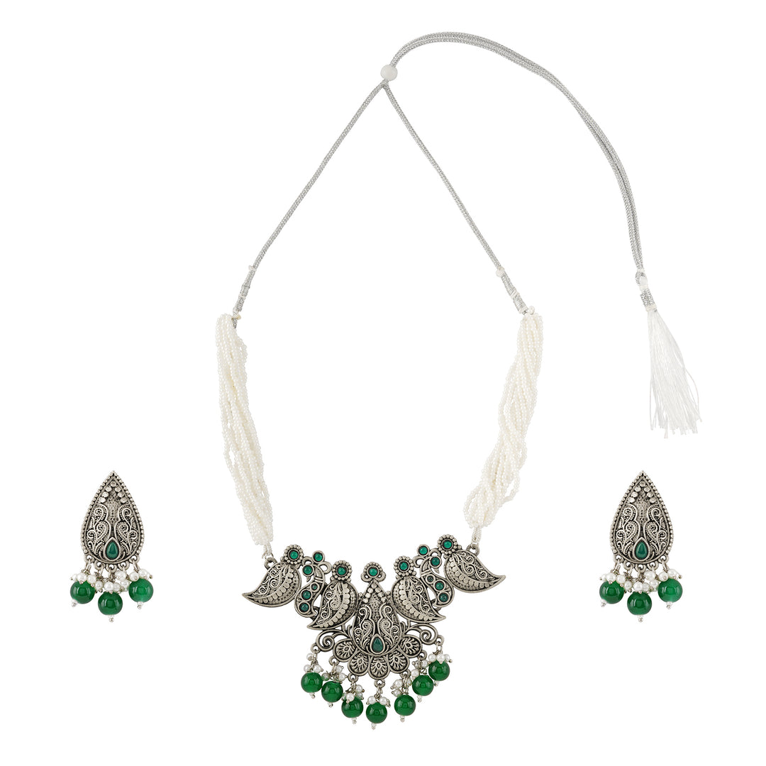 Teejh Vasundhara Silver Oxidised Green Necklace Set