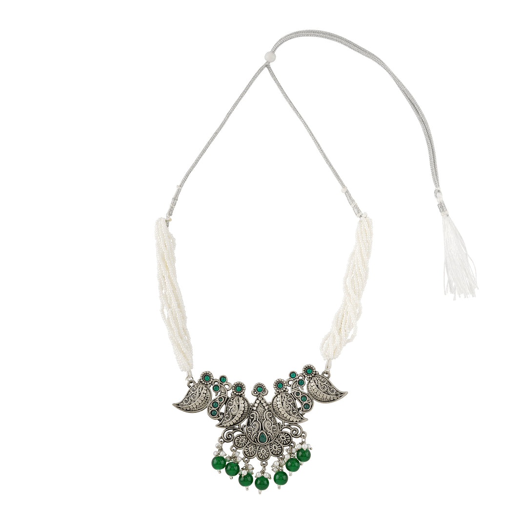 Teejh Vasundhara Silver Oxidised Green Necklace Set