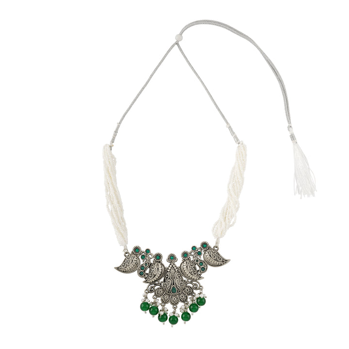 Teejh Vasundhara Silver Oxidised Green Necklace Set