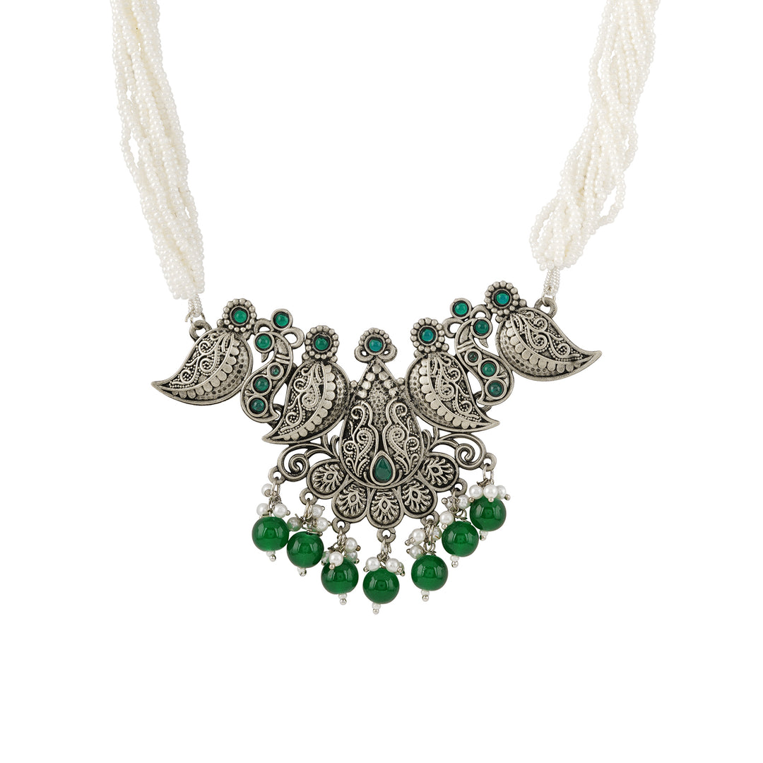 Teejh Vasundhara Silver Oxidised Green Necklace Set