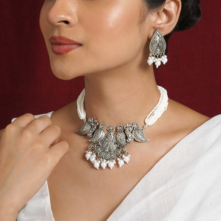 Teejh Ranakadevi Silver Oxidised White Necklace Set