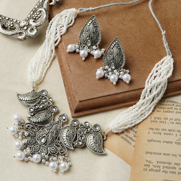Teejh Ranakadevi Silver Oxidised White Necklace Set
