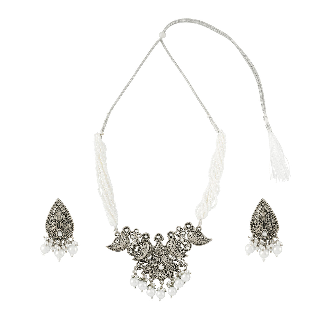 Teejh Ranakadevi Silver Oxidised White Necklace Set