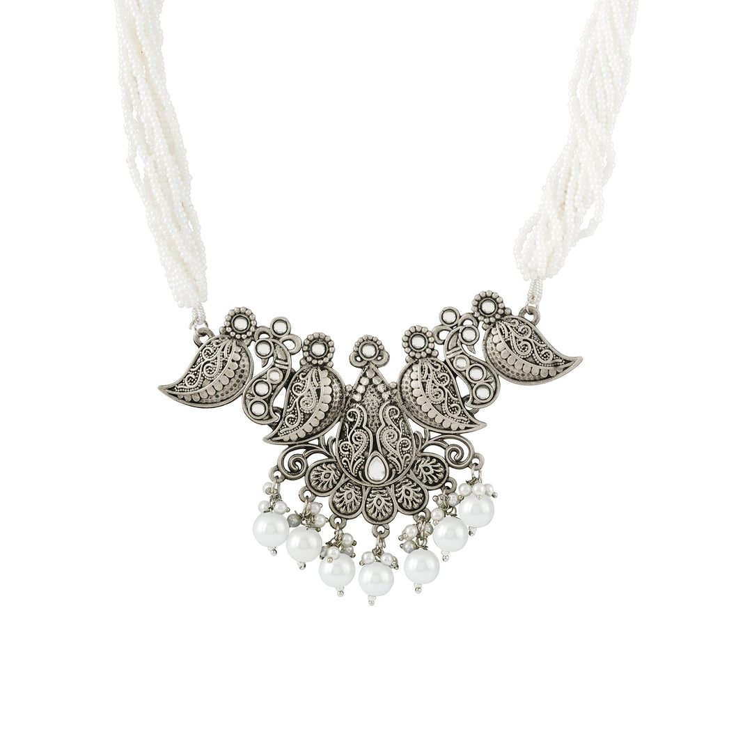Teejh Ranakadevi Silver Oxidised White Necklace Set