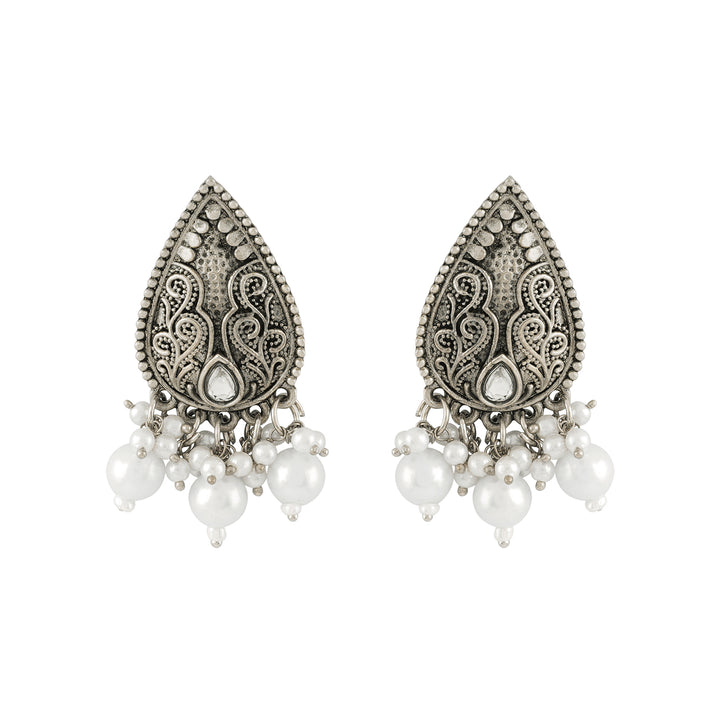 Teejh Ranakadevi Silver Oxidised White Necklace Set