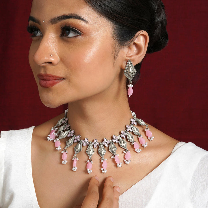 Teejh Roopmati Silver Oxidised Pink Necklace Set