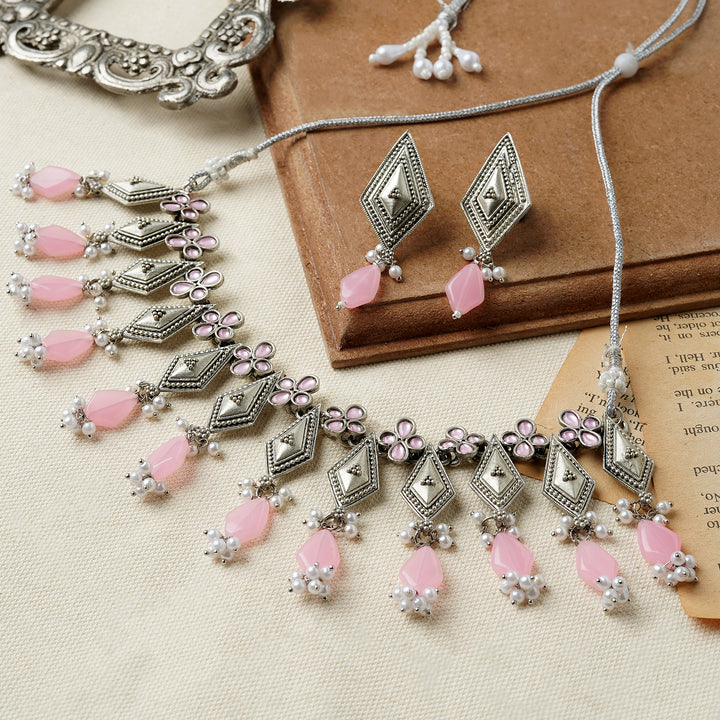 Teejh Roopmati Silver Oxidised Pink Necklace Set
