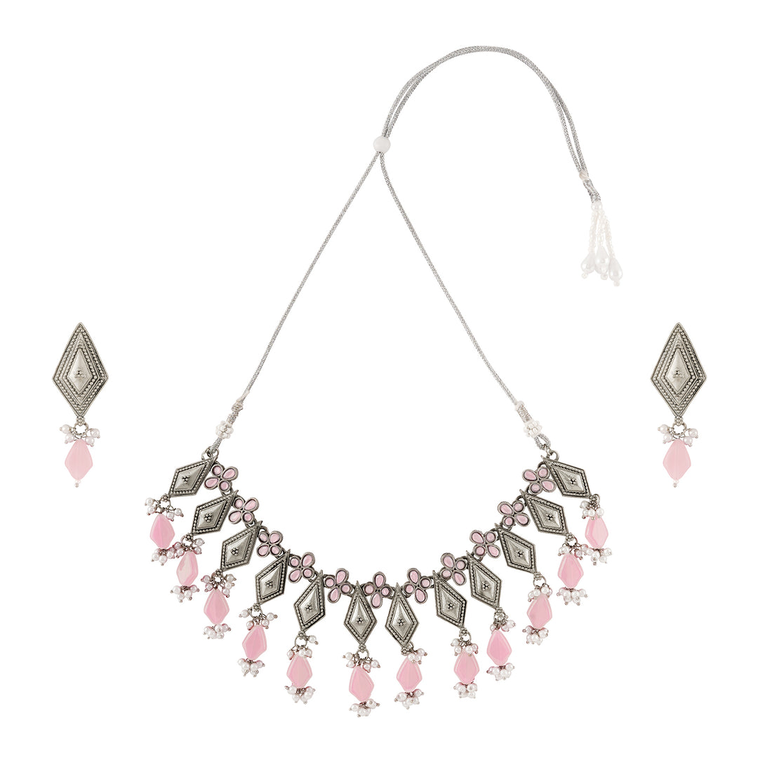 Teejh Roopmati Silver Oxidised Pink Necklace Set