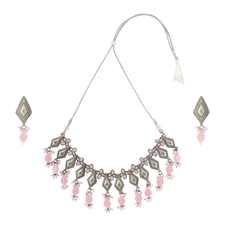 Teejh Roopmati Silver Oxidised Pink Necklace Set